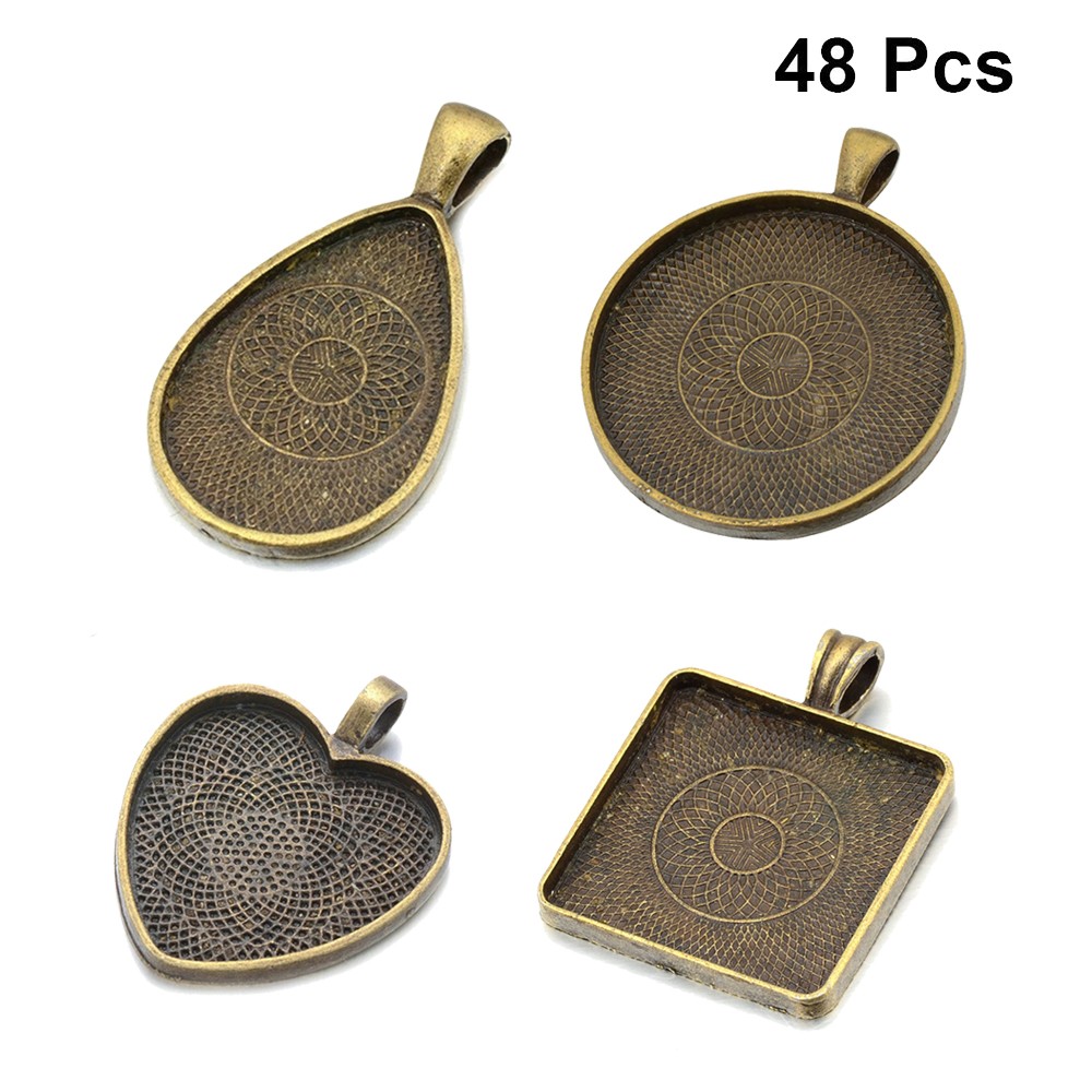 48Pcs Alloy & Glass Pendants DIY Cabochon Blank Bezel Base Tray Gemstone Patches