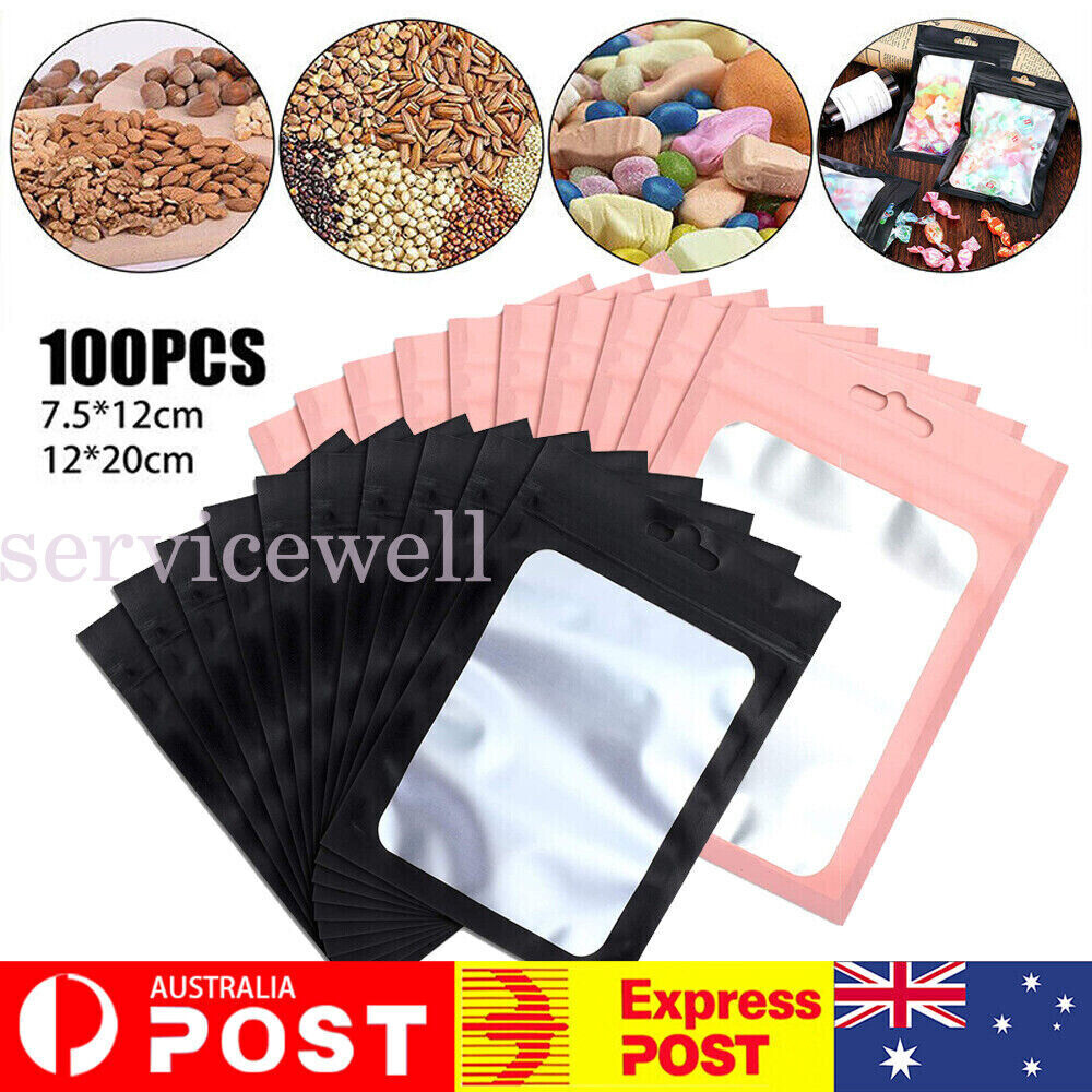 100pc Zip Bag Resealable Seal Bags Aluminum Foil Pouch Clear Window Matte Shiny