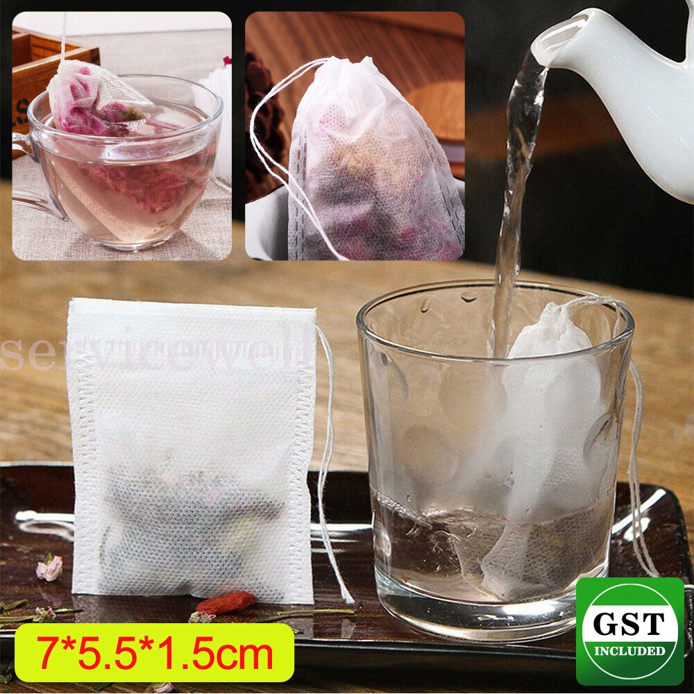 100x Disposable Empty Teabags String Heat Seal Filter Paper Herb Loose Tea Bags