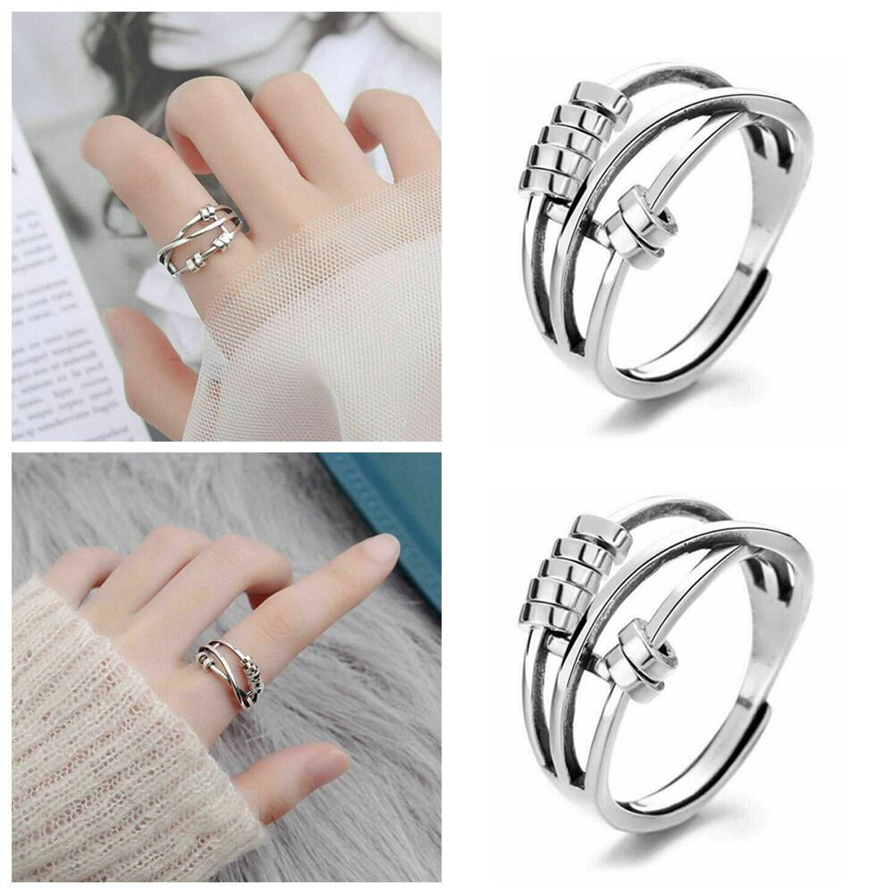 Adjustable Opening Anxiety Worry Silver Bead Ring Meditation Spinner Ring