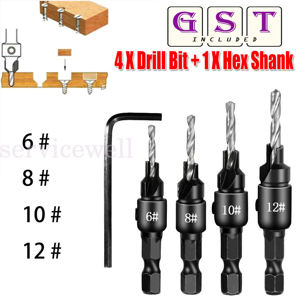 5pcs Screw Countersink Bit Set Pilot Holre Drill Metal Plastic Wood Hex Shank